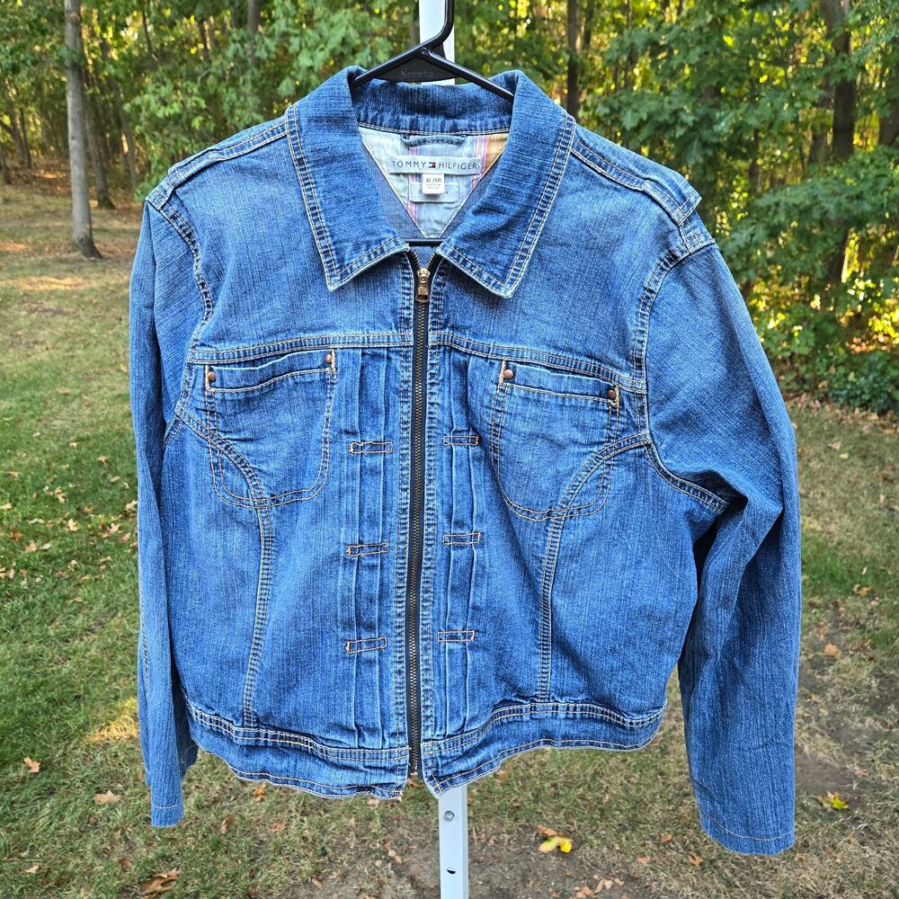 Y2K Tommy Hilfiger Denim Jean Jacket Preppy Pleats Tucks Seaming Zip Stretch XL